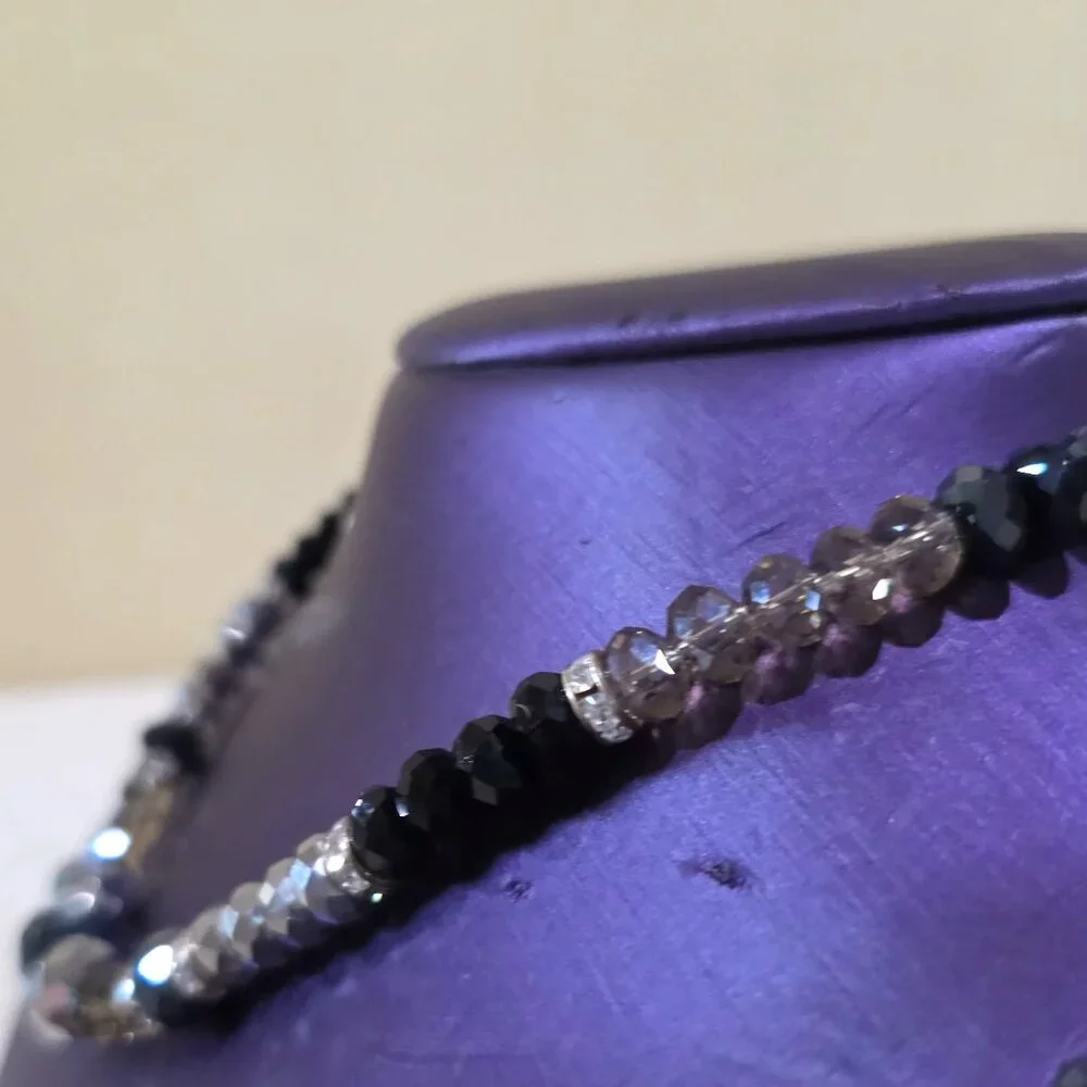 Vintage Black Gray Silver Monochrome Crystal Faceted Bead Rhinestone Necklace